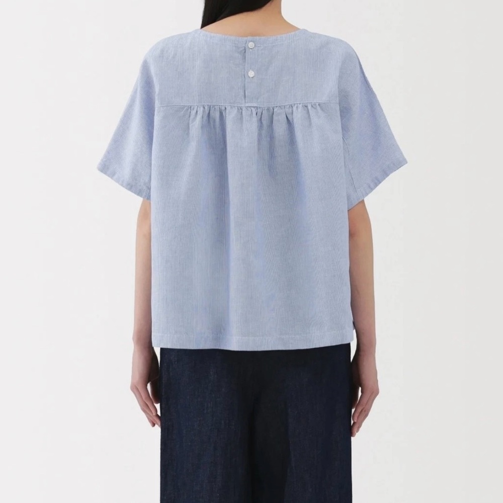 Muji Blue and White Boxy Blouse Relaxed Fit